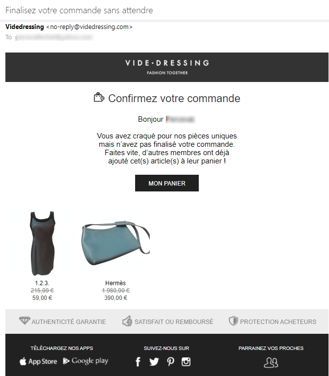 Vide dressing insiste sur l'urgence de l'achat Email relance panier abandonné : l'exemple de vide-dressing