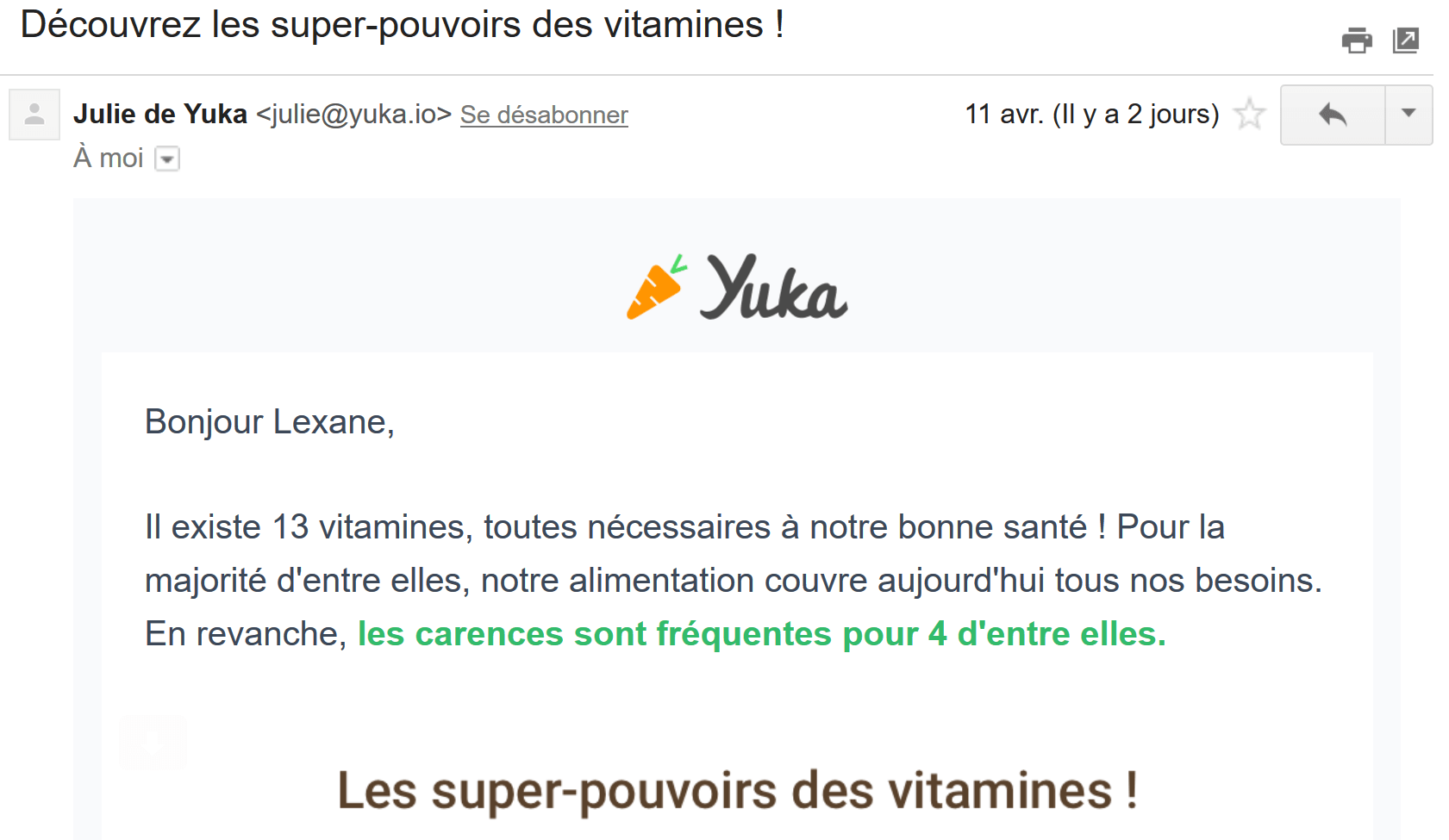 Email de notification de Yuka Email de notification de Yuka