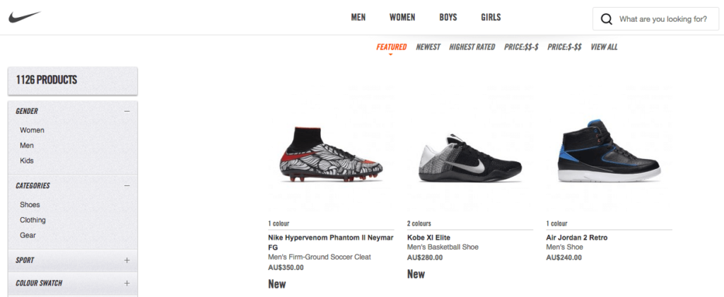 Nike utilise le CMS e-commerce Magento (capture d'écran de la boutique en ligne Nike)