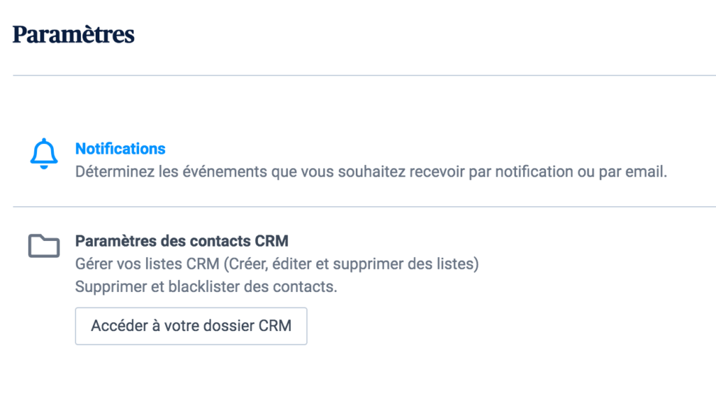Menu des paramètres du CRM