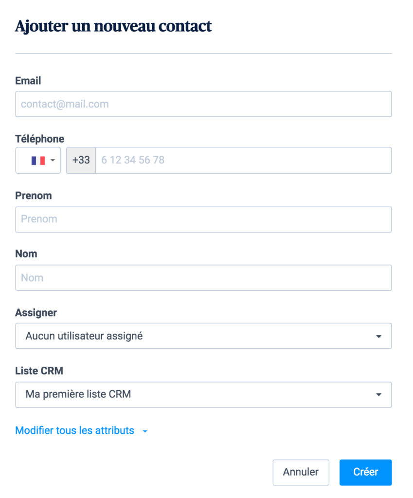 Formulaire d'ajout d'un nouveau contact dans le CRM