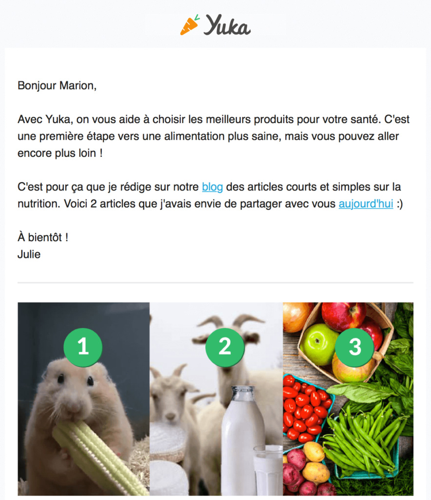 Exemple d’email B2C envoyé par Yuka