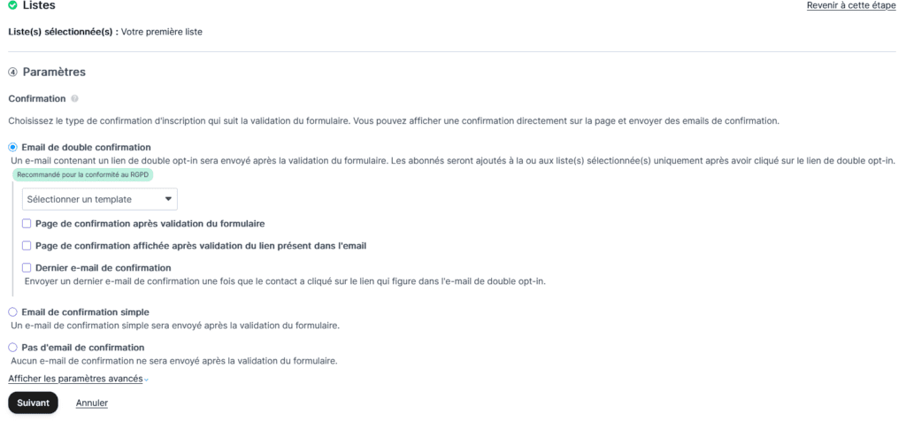 Formulaire Paramètres