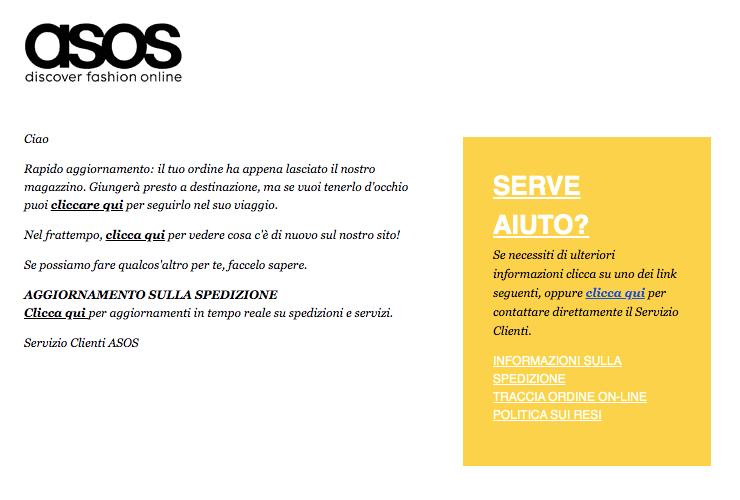 Esempio email tracciamento ordine di Asos