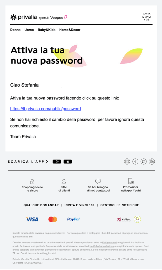 Esempio email transazionale per il ripristino della password inviata da Privalia