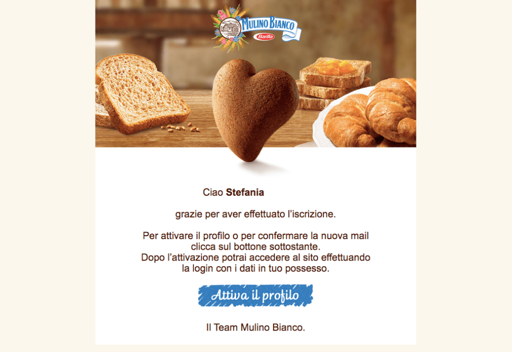 Esempio email di conferma Mulino Bianco per la creazione dell'account