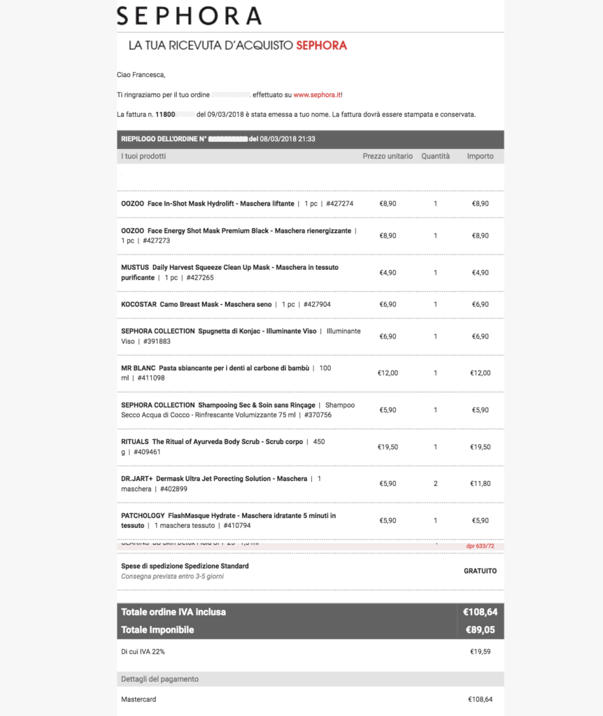 Esempio email transazionale di una fattura di acquisto Sephora