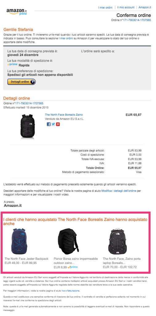 Esempio email transazionale upselling Amazon