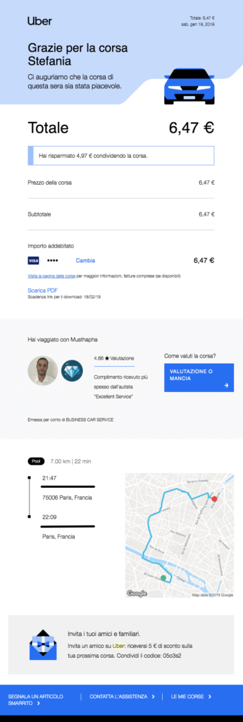 Esempio email transazionale inviata da Uber con informazioni aggiuntive