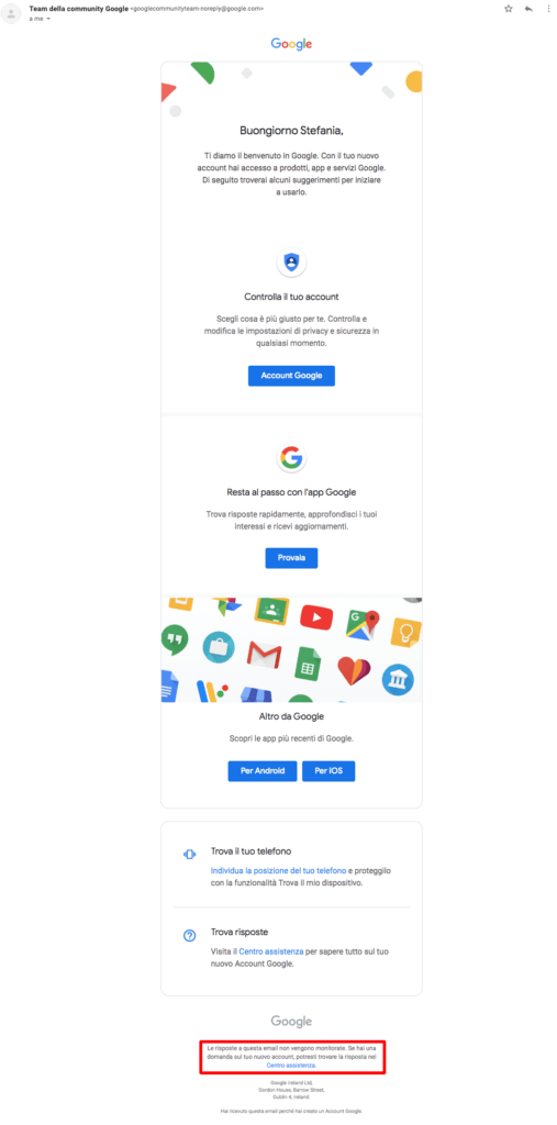 Email Noreply di Google che conferma la creazione di una casella di posta