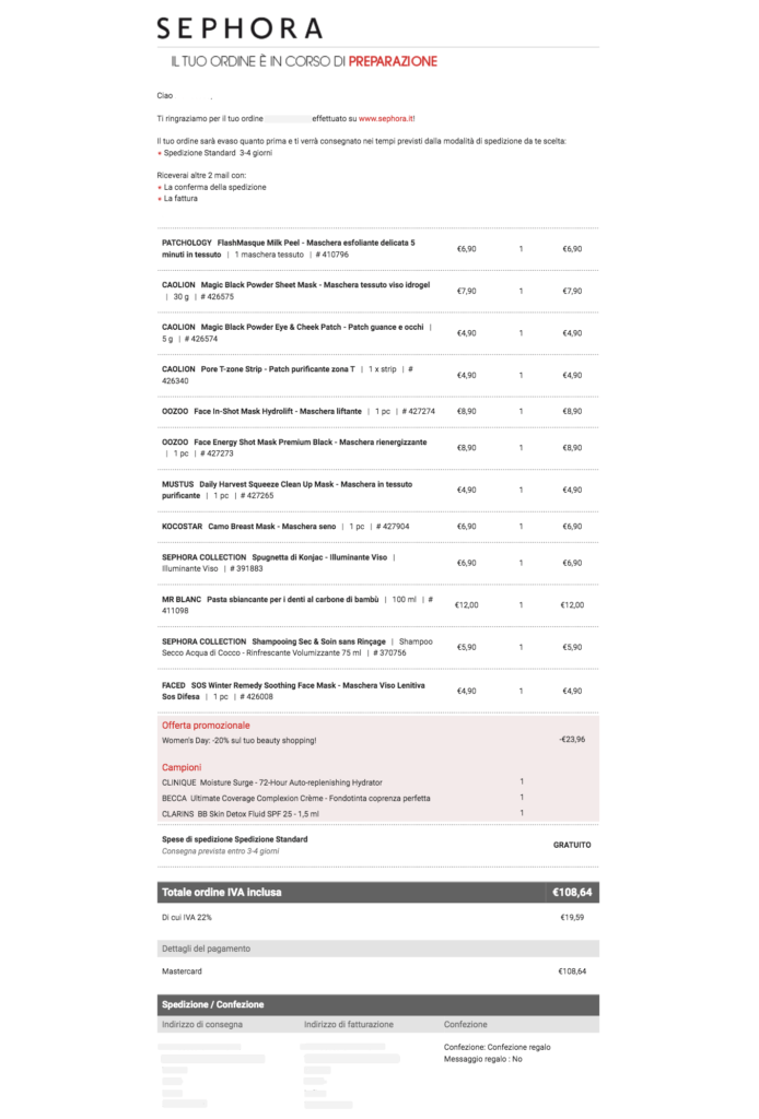 Esempio email transazionale per la conferma ordine inviata da Sephora