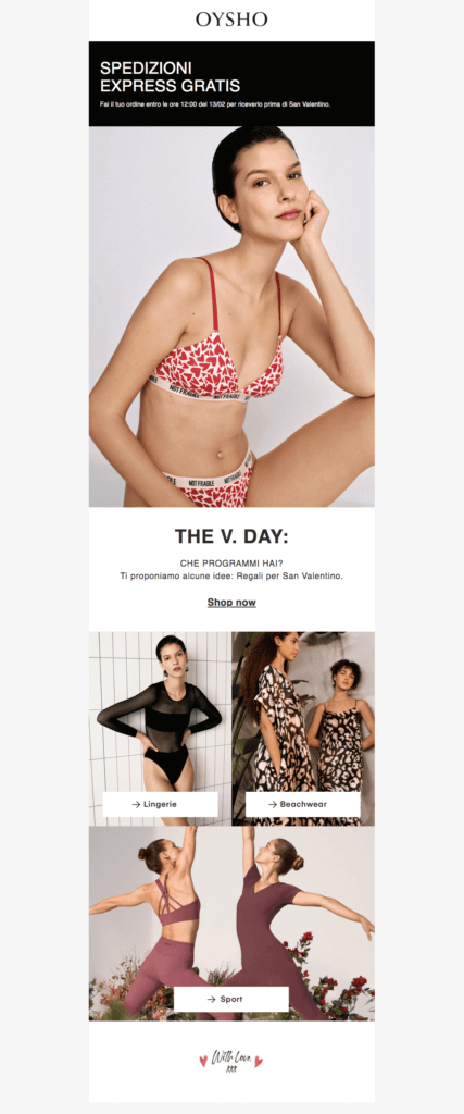 Oysho newsletter San Valentino tempistiche consegna