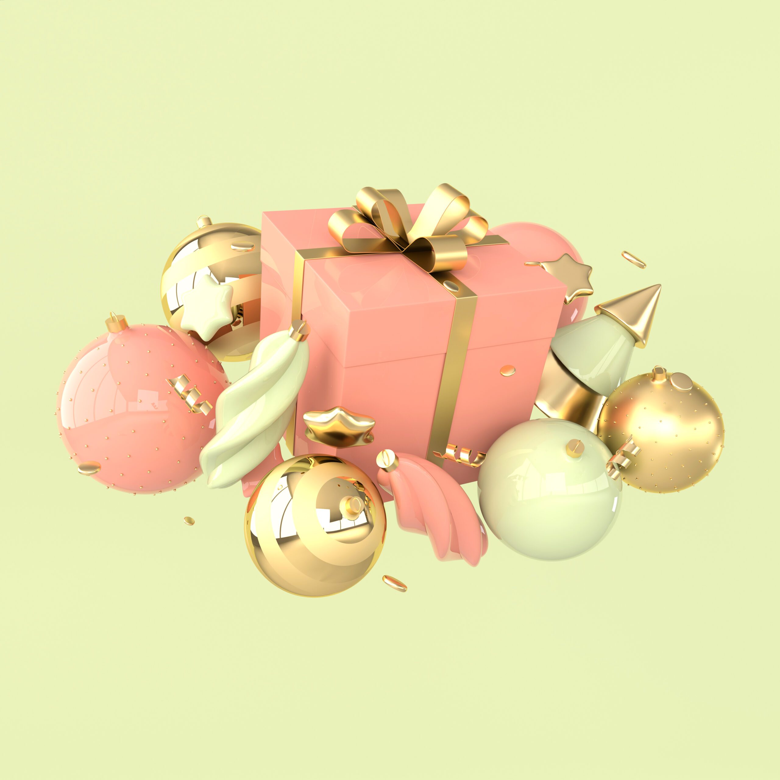 Merry-Christmas-and-Happy-New-Year-3d-render-illustration-card-with-pastel-colored-xmas-balls-stars-christmas-tree-gift-box-Winter-decoration-xmas-minimal-design